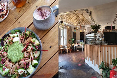 Split image showing The Herbarium restaurant and a selection of vegetarian food