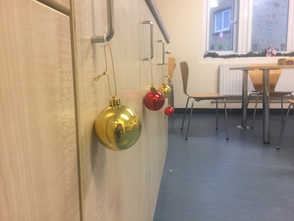 Kitchen cupboards with baubles