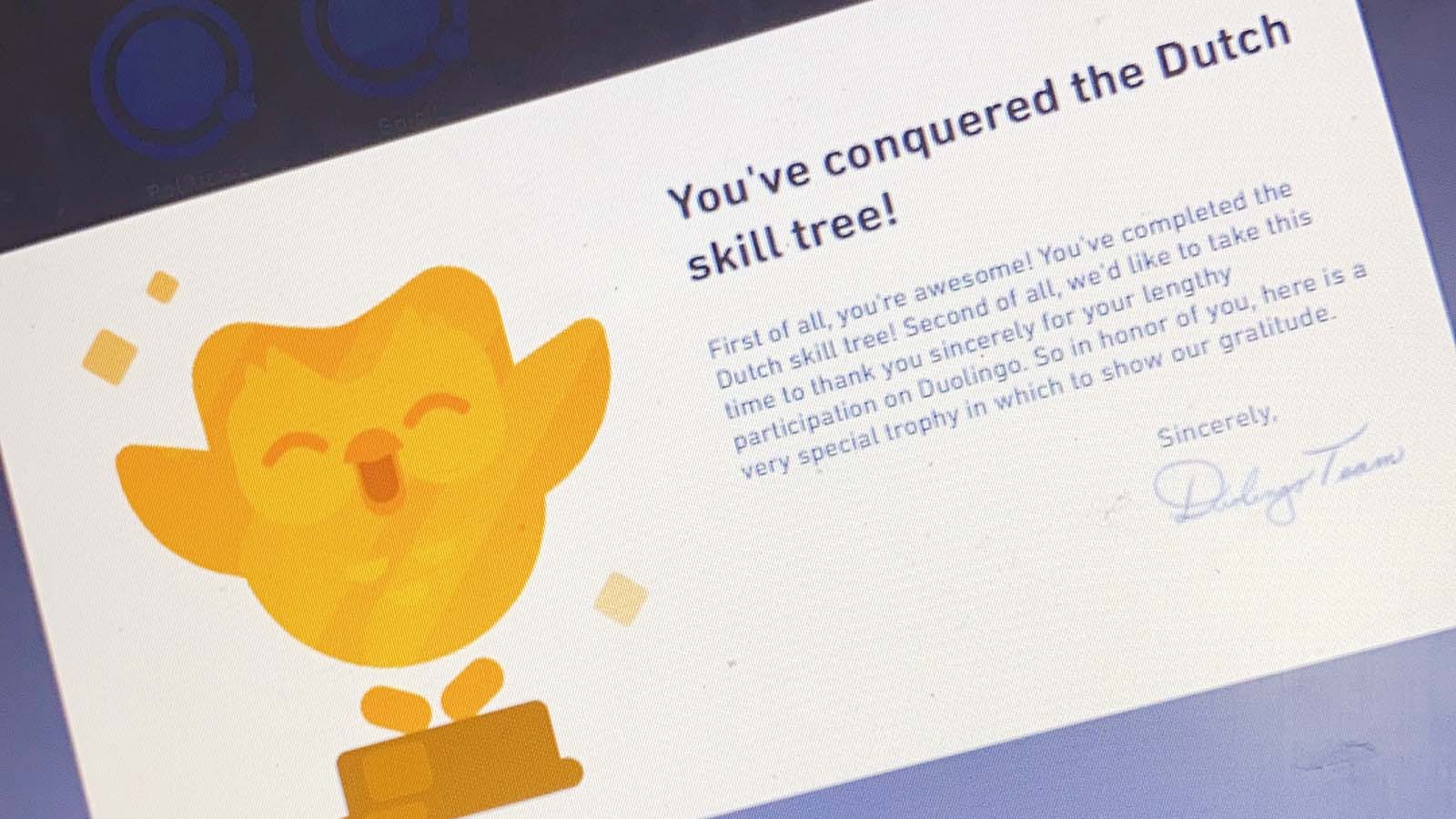 An award screen on Duolingo