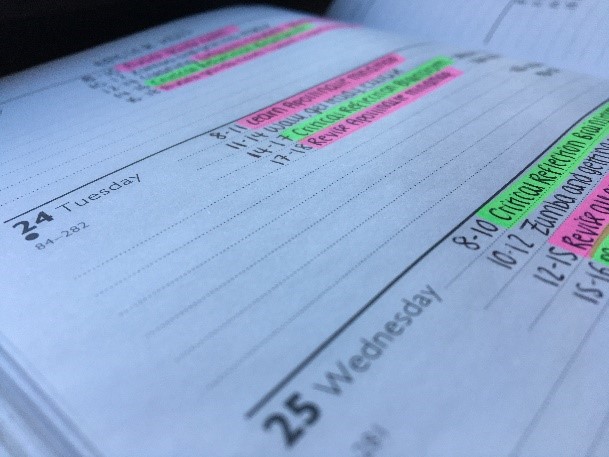 A diary with highlighted sections