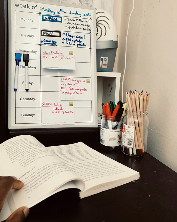 A whiteboard with a plan for activities during the week