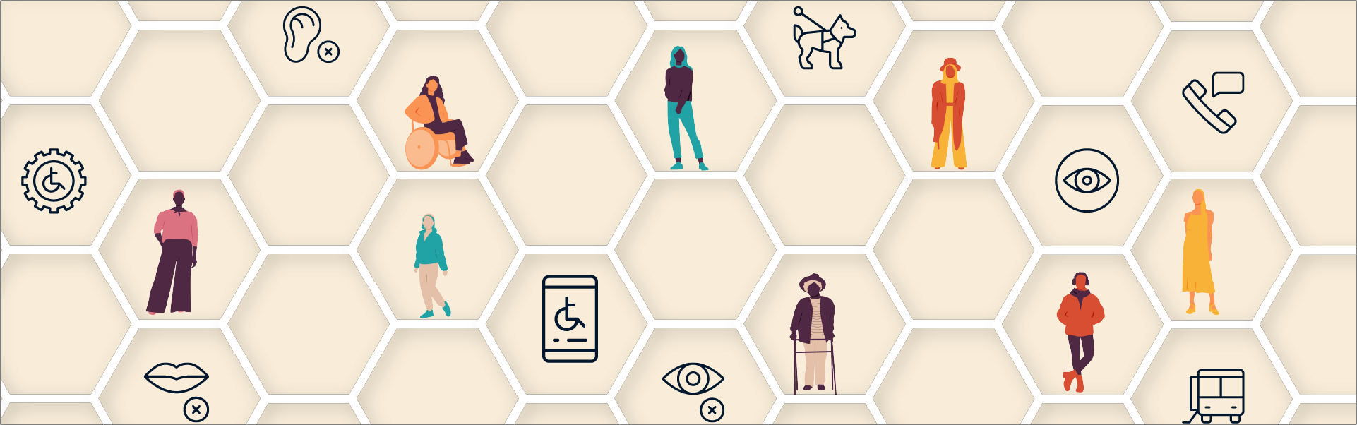 A honeycomb with different people and disability related icons in each cell