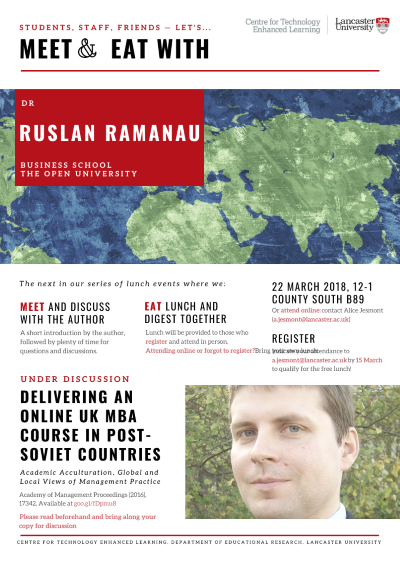Event poster for Meet & Eat event with Dr Ruslan Ramanau