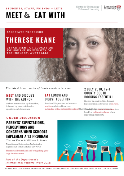 Event poster for Meet & Eat event with Associate Professor Therese Keane
