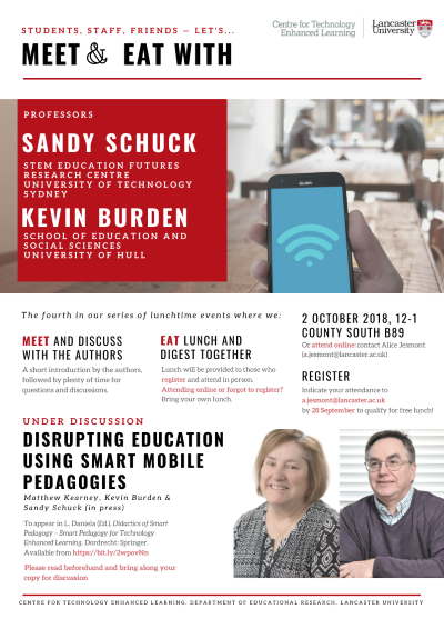 Event poster for Meet & Eat event with Professor Sandy Schuck and Professor Kevin Burden