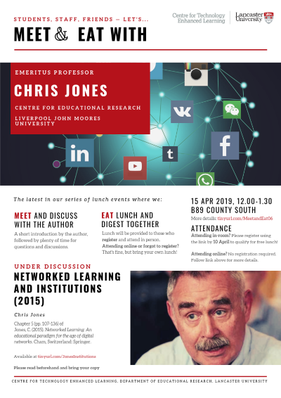 Event poster for Meet & Eat event with Emeritus Professor Chris Jones