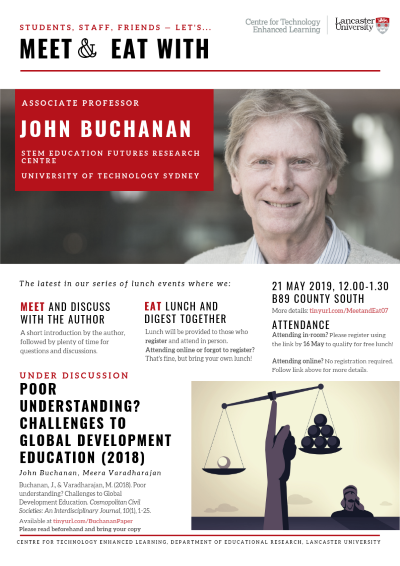 Event poster for Meet & Eat event with Associate Professor John Buchanan