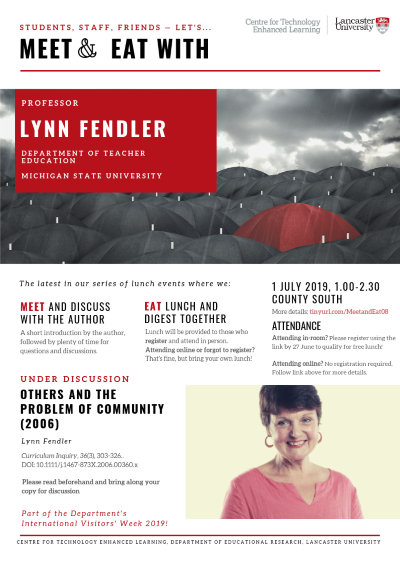 Event poster for Meet & Eat event with Professor Lynn Fendler
