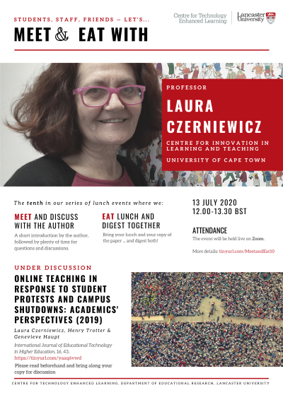 Event poster for Meet & Eat event with Professor Laura Czerniewicz