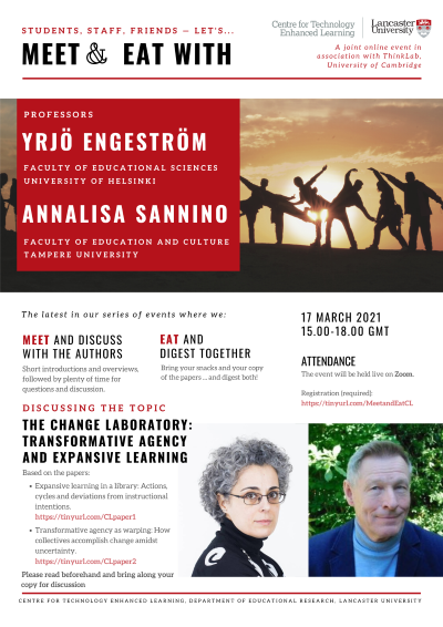 Event poster for Meet & Eat event with Professors Yrjö Engeström and Annalisa Sannino