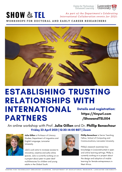 Event poster for Show and TEL event with Professor Julia Gillen and Dr Phillip Benachour