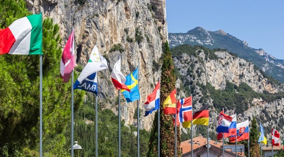 European flags with mountain backdrop