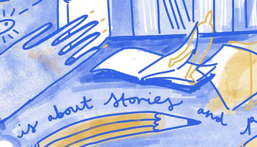 Abstract image showing pen and writing paper with library in background 