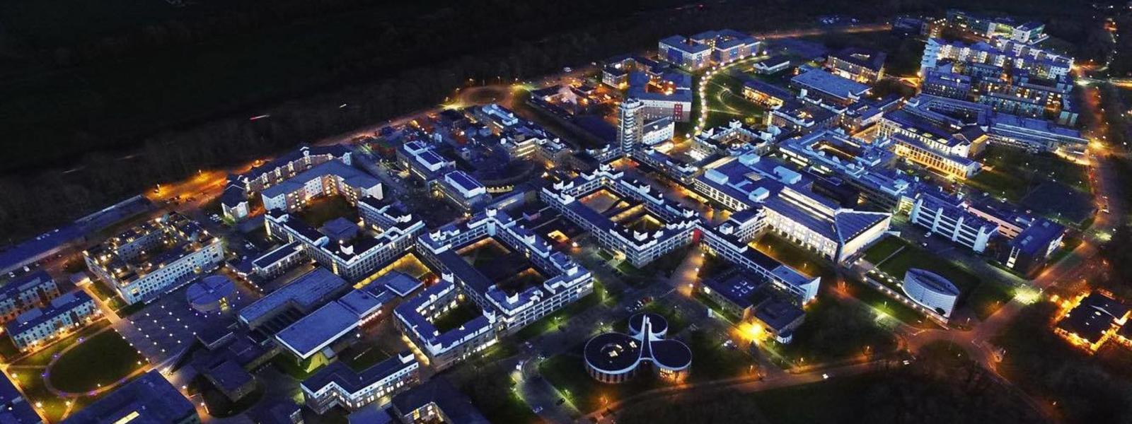 Lancaster University campus at night.