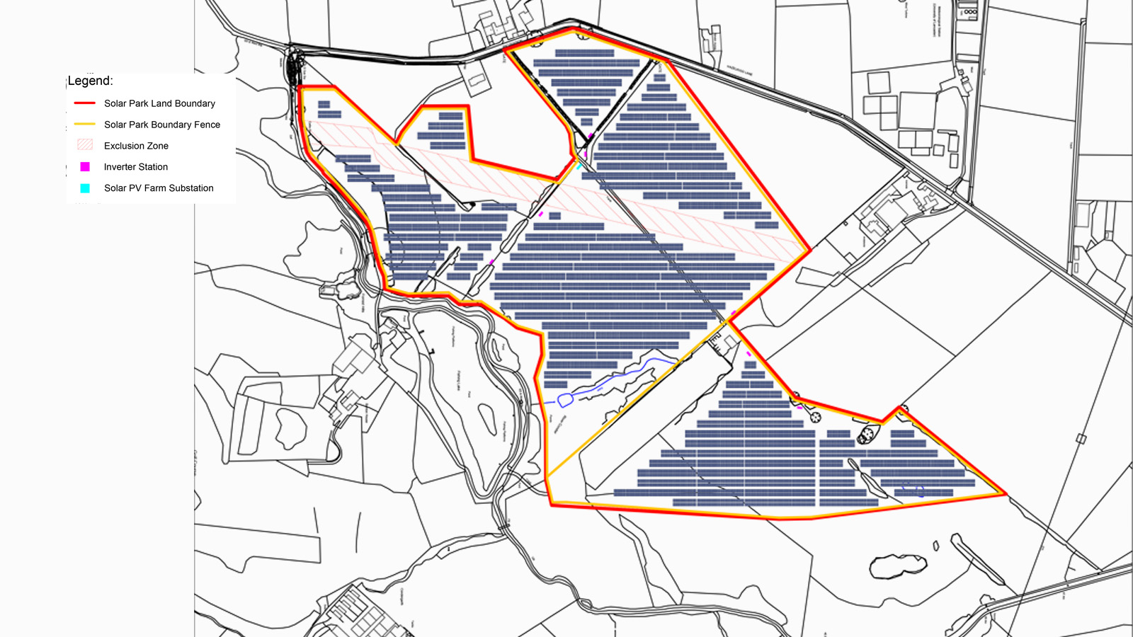 A technical plan outlining the boundary and solar panel layout at Forrest Hills