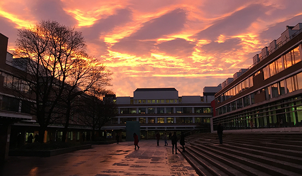 Main square on campus at sunset
