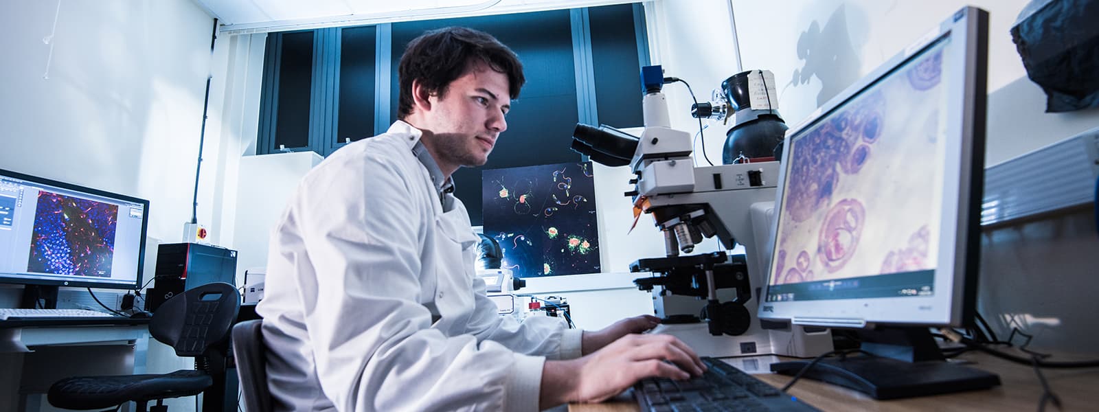 Master's student working at a screen in his lab station 