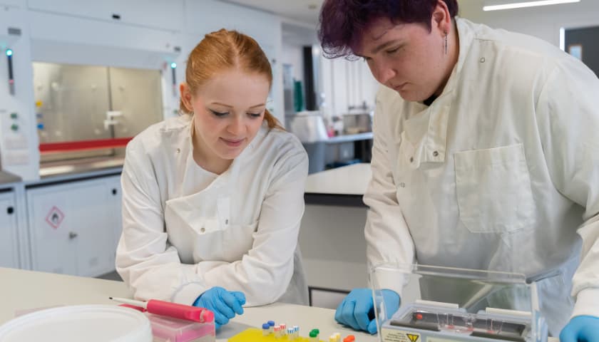 Students examining a model arm in the anatomy teaching room