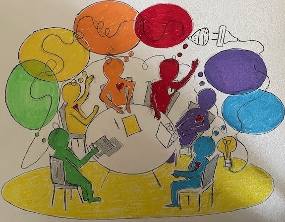 Colourful drawing of a PPI meeting