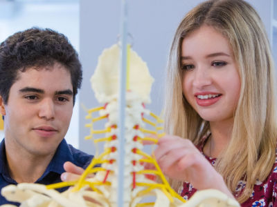 MBChB students studying a model skeleton