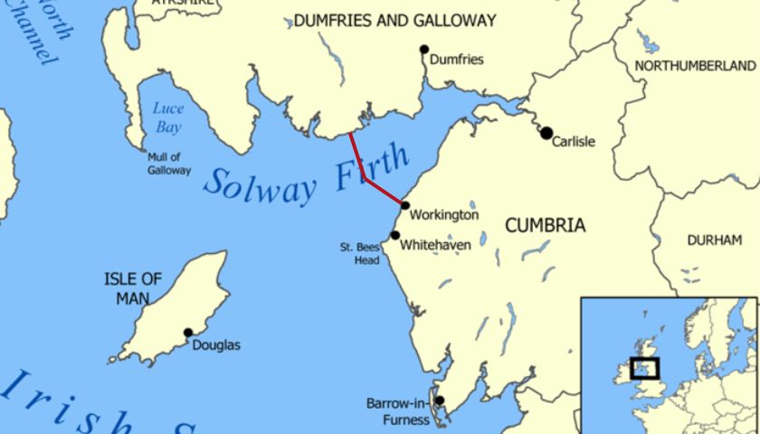 A map of Solway Firth, with the proposed area for turbines highlighted in red