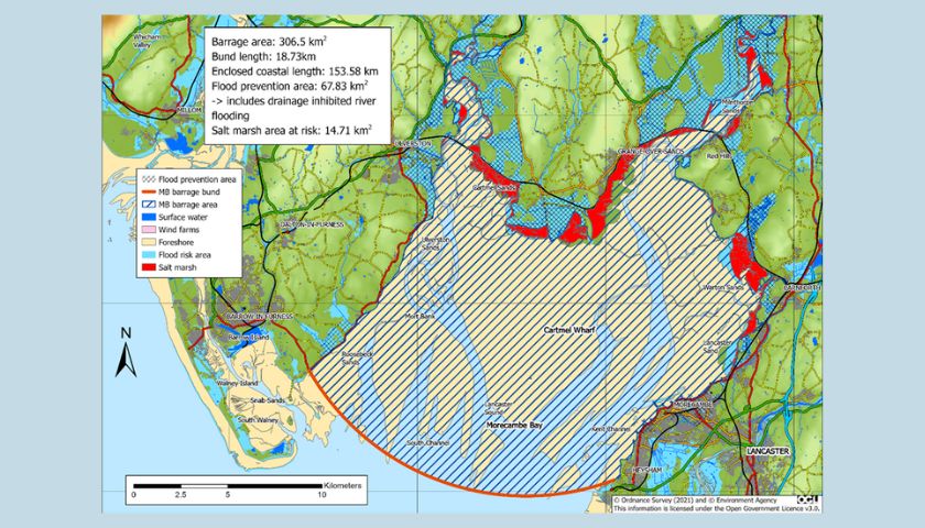 A map of Morecambe Bay, with the area suggested for turbines highlighted in red