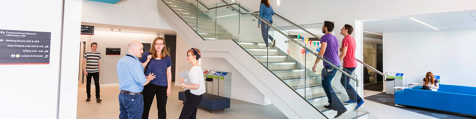 Staff and Students in the foyer of the Chemistry Building