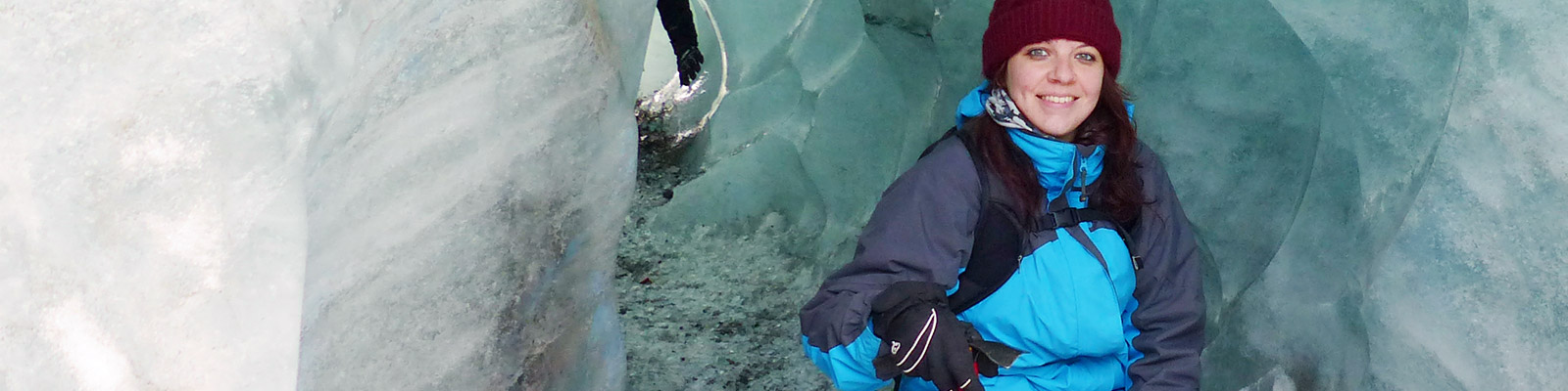 A student in an ice cave in Iceland