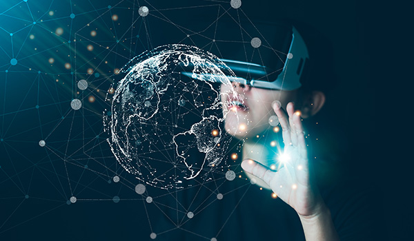 A person wearing a VR set looking at a digital world