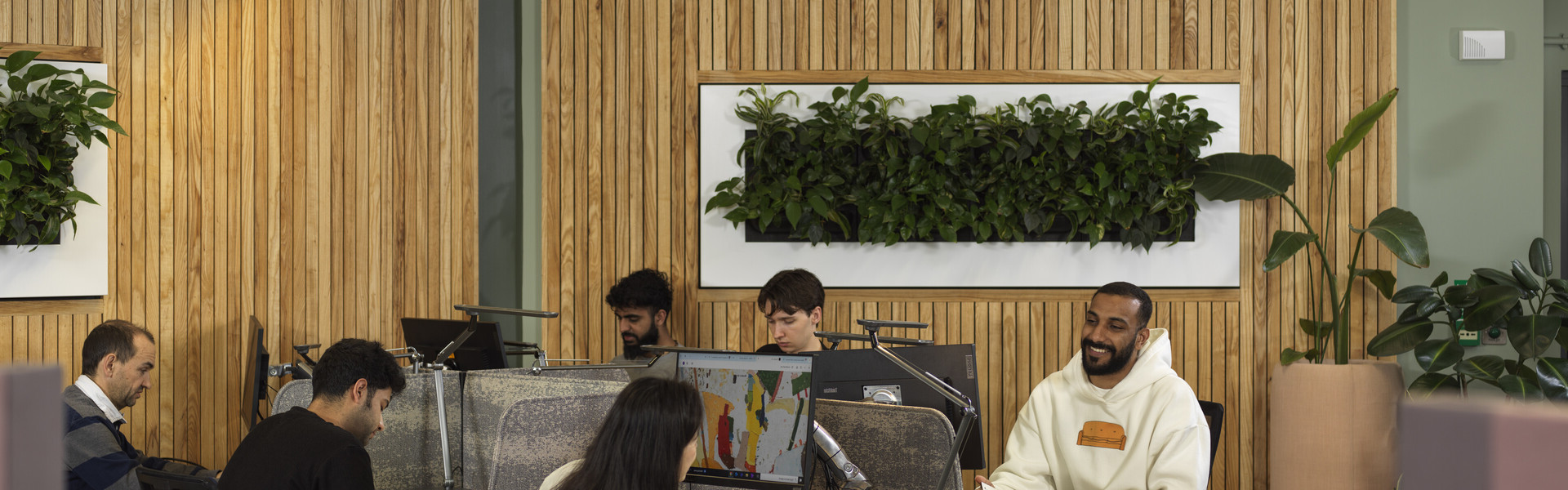 A modern office with 4 people working at desks, wooden walls, and greenery creates a calm vibe.