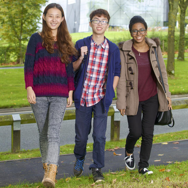 International students walking across some grass