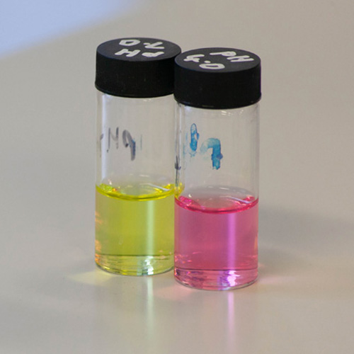 Two vials, one filled with a yellow liquid, the other with pink