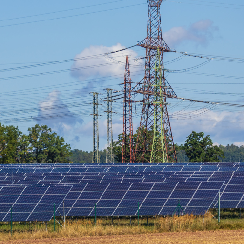 Solar panels and electricity pylons