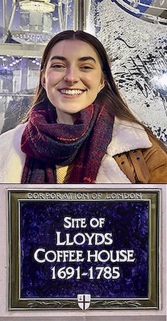 Image of Darcy Beckett and a photo of the plaque marking the location of Lloyds Coffee House