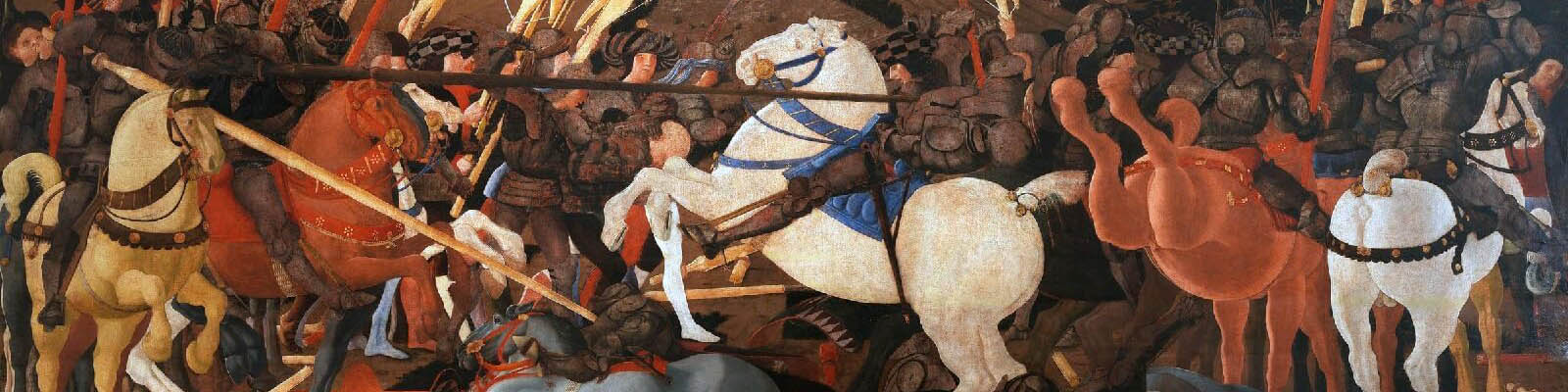 Historic painting of war with knights on horseback. 