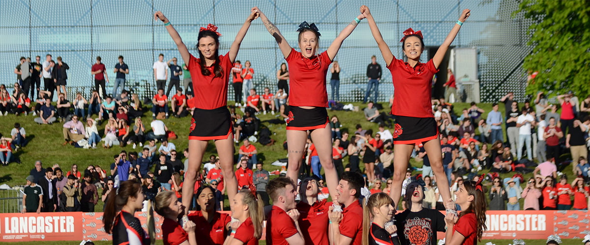 A group of Lancaster University cheerleaders in formation