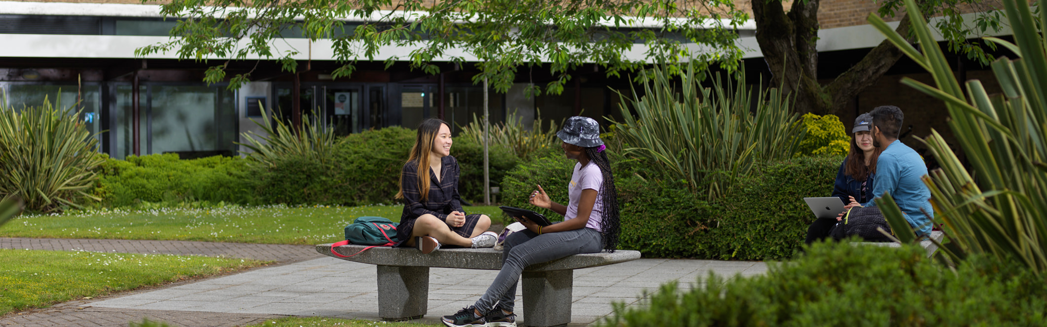 Two students walk and chat surrounded by greenery on a sunny day