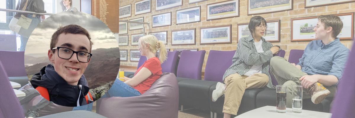 Profile image of current student Ryan, with a background image of Trevor, Furness College bar.