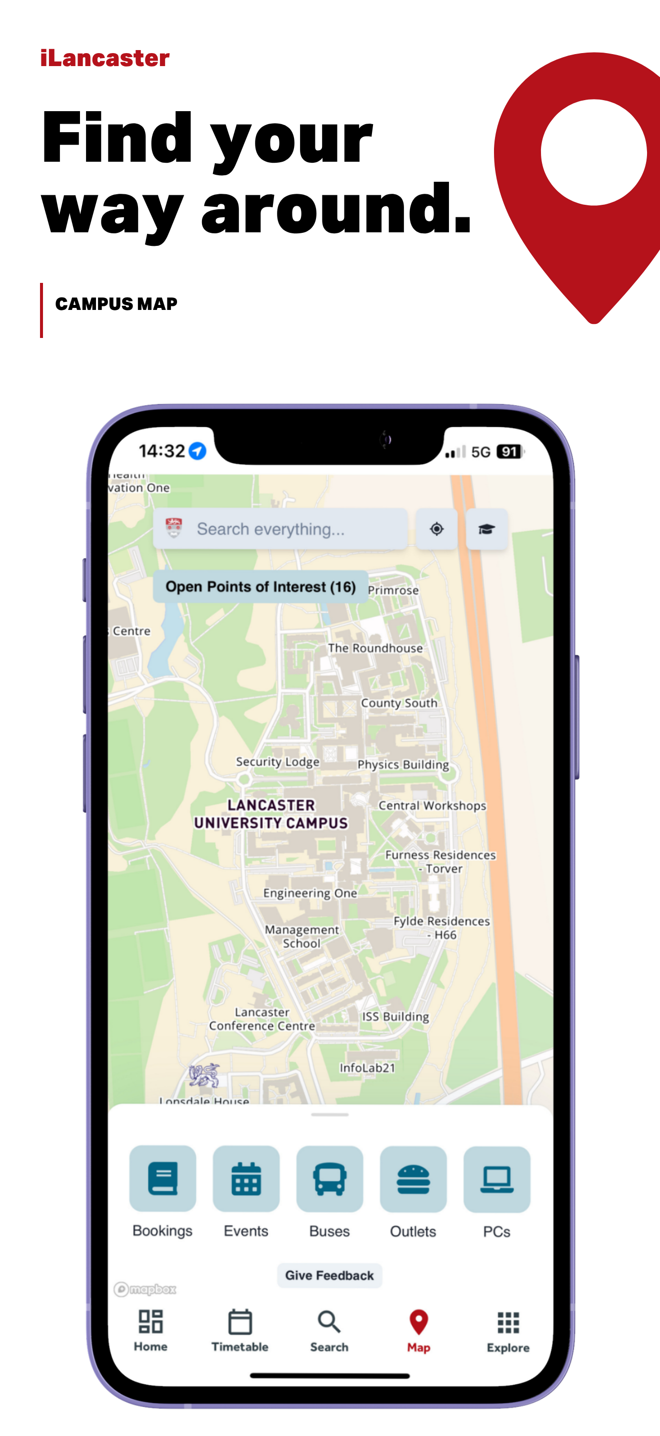 iLancaster campus map with search and location controls