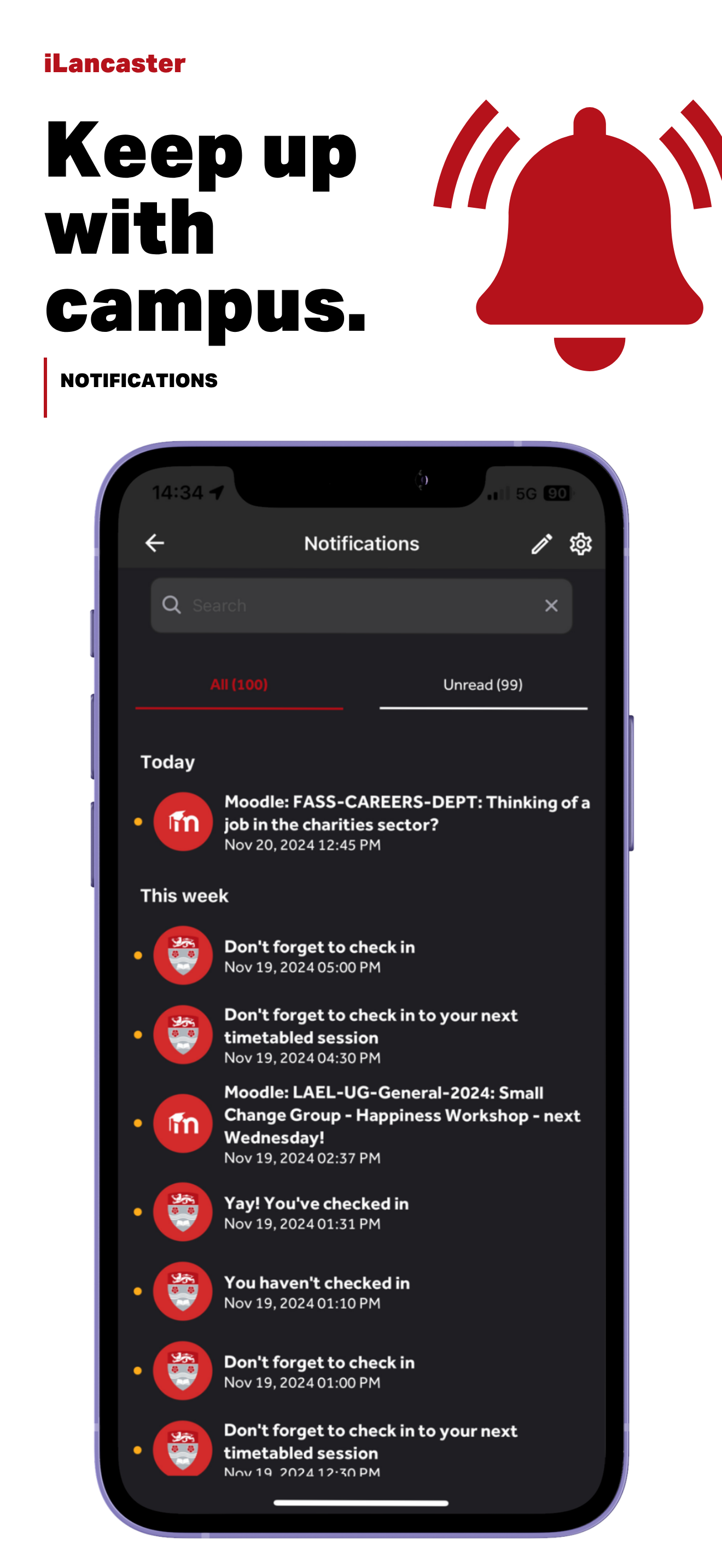 iLancaster notifications screen showing University updates”