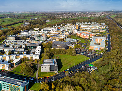 Lancaster Campus, with main road and motorway on either side.