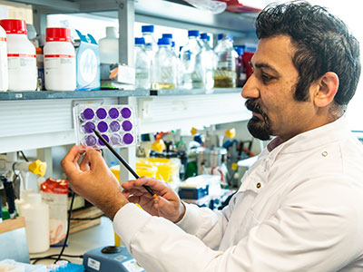 Research in a lab pointing towards a sample slide.