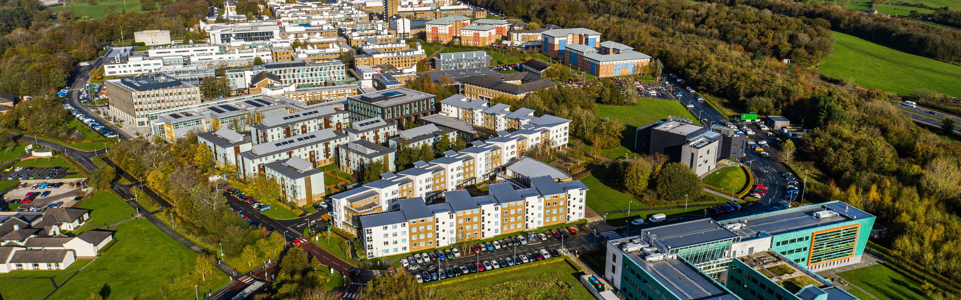Aerial photo of Lancaster's main UK campus