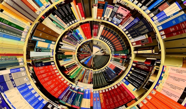 Law school textbooks laid out in a spiral pattern