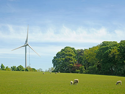 Looking across the fields towards Lancaster's wind turbine