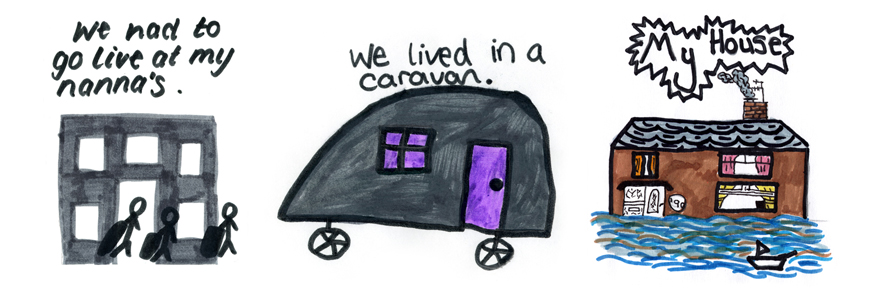 Drawings by children affected by the 2007 Hull floods showing a house surrounded by water and a caravan a child had to move into