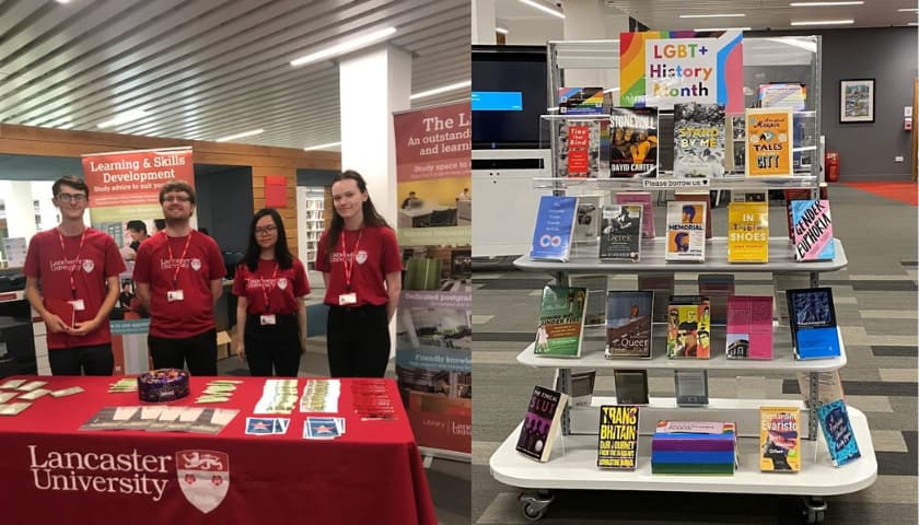 Left: The Library Student Ambassadors 2022/23. Right: A book display created for LGBT+ History Month by library student ambassador Jodi Lo.