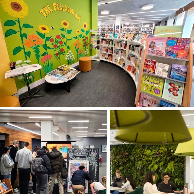 Collage of three images: colour-in cafe event, students studying by plant wall and the FeelGood Hub