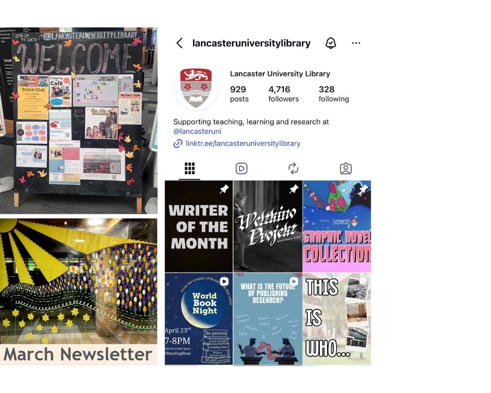 Collage including the library events blackboard, library's Instagram page and newsletter
