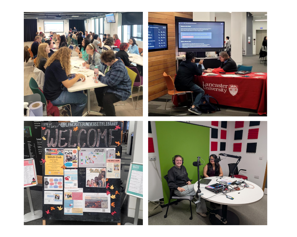 Collage of images with library blackboard, a podcast recording, library book friending event and the